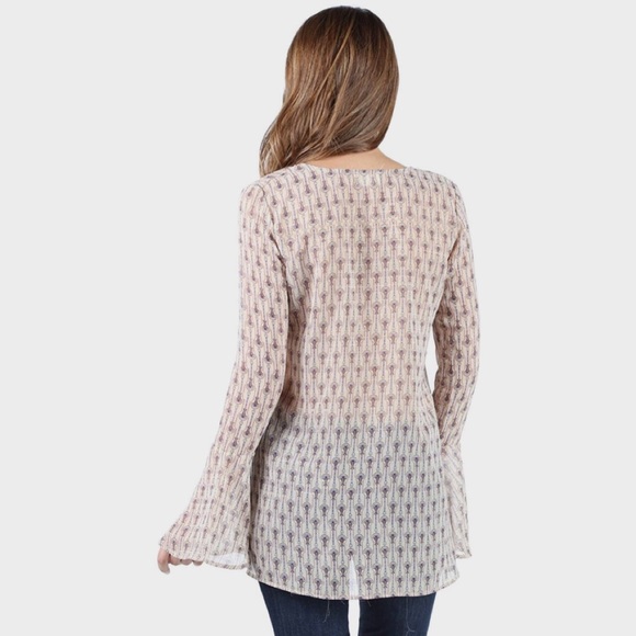 Lace Up Tie Front Bell Sleeve Sheer Print Blouse - Picture 2 of 4